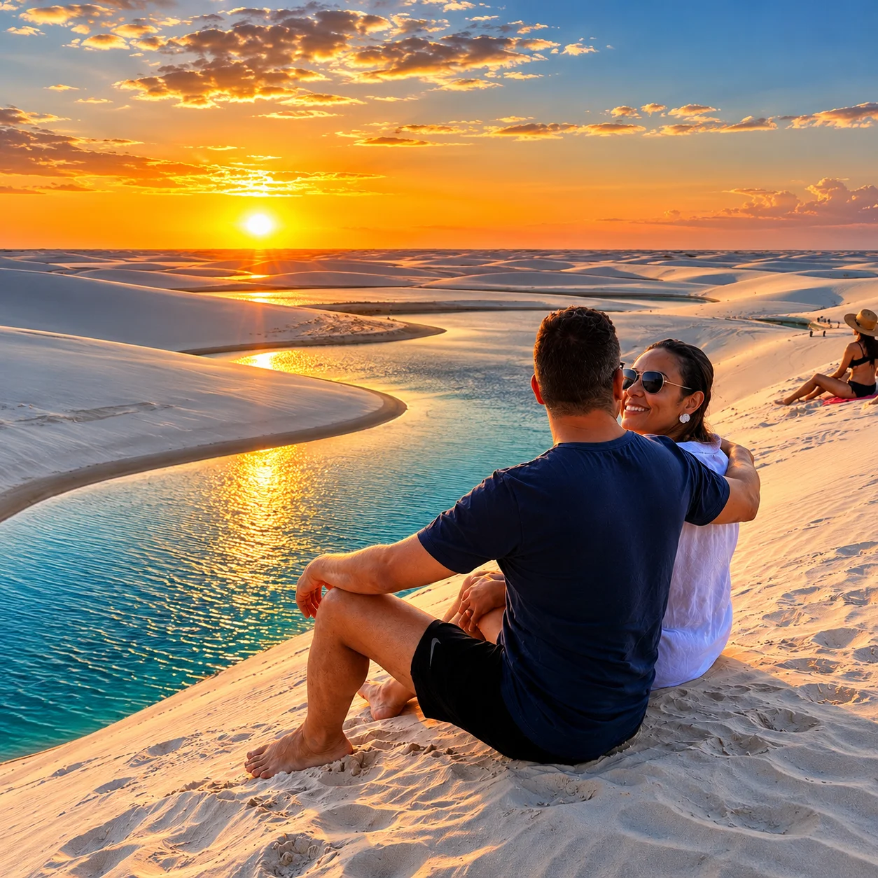 Casal no pôr do sol entre dunas e lagoas