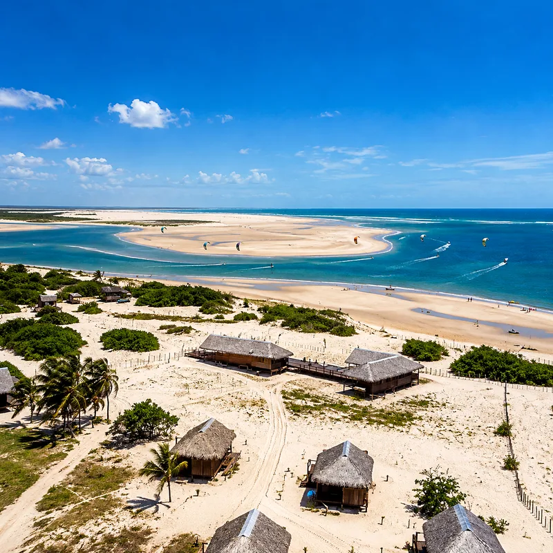 Cabanas de palha na areia de Atins, com o encontro do rio com o mar ao fundo
